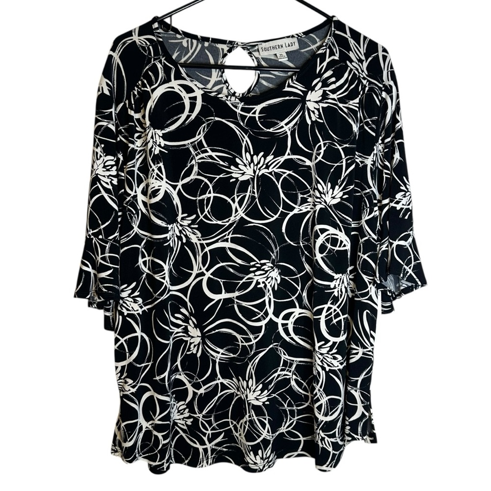 Southern Lady Black White Abstract Floral Blouse #4333 NWT XL Career Church‎